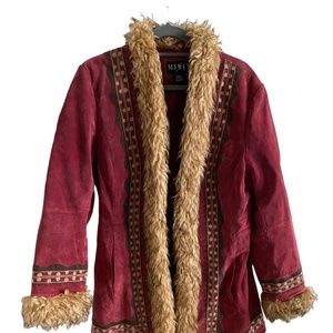 Red Leather Winter Coat with Embroidered and Fur Lining from Mixit